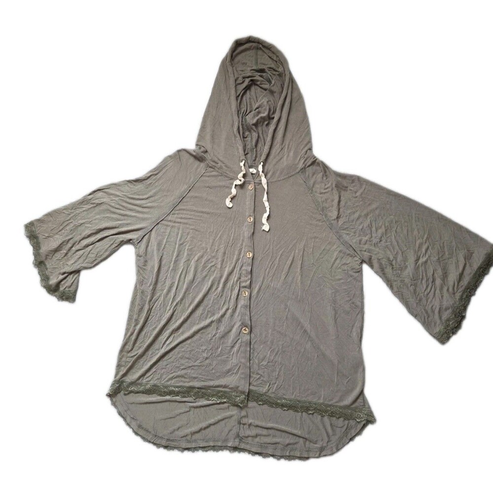 POL Olive Green Lace Trim Bell Sleeve Hooded Button Front Top Size L EUC